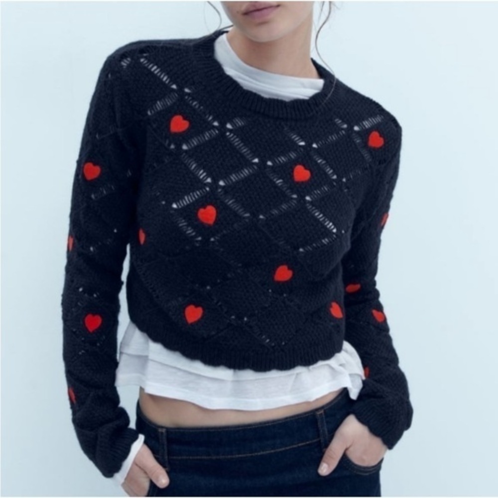 Zara navy with red Heart Pattern cropped Sweater
